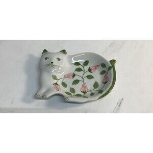 Andrea By Sadek Kitty Cat Spoon Rest Tea Holder Trinket Dish White Pink Floral A